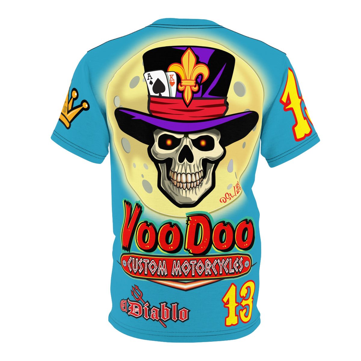 VooDoo Custom Motorcycles Electric Blue HiViz Graphics Biker Tee