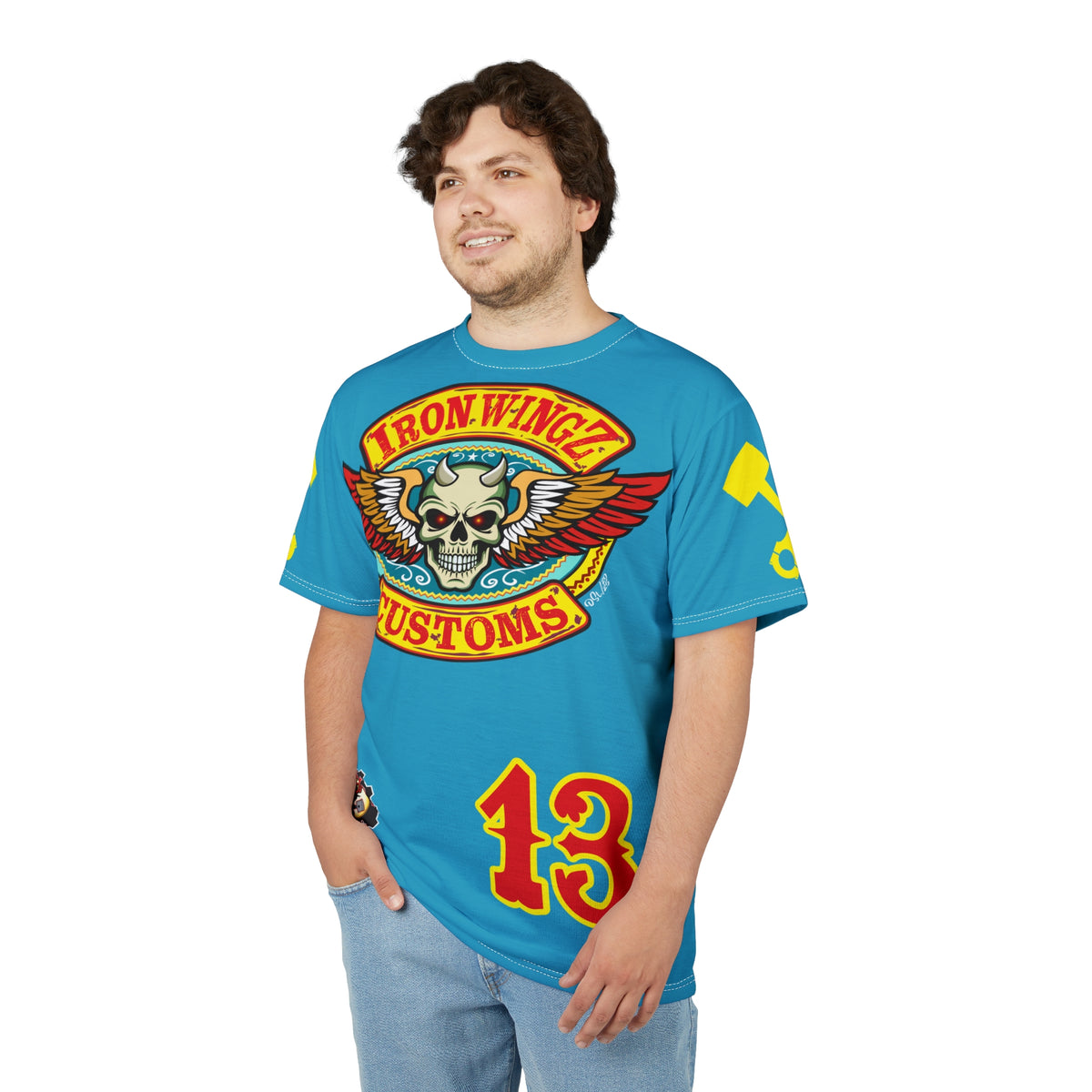 Iron WingZ Customs Electric Blue HIviz Graphic Super Tee, Edgy Streetwear, Customized Apparel, Gift for Bikers