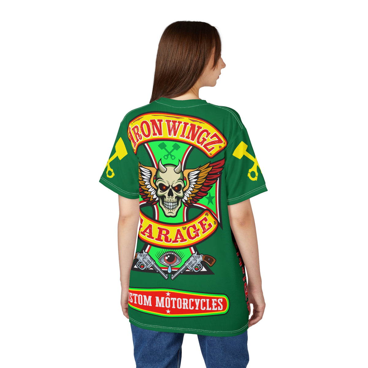 Iron Wingz Garage HiViz Tee, Vuntage Graphic Logo, Rockabilly Style Shirt for Bikers