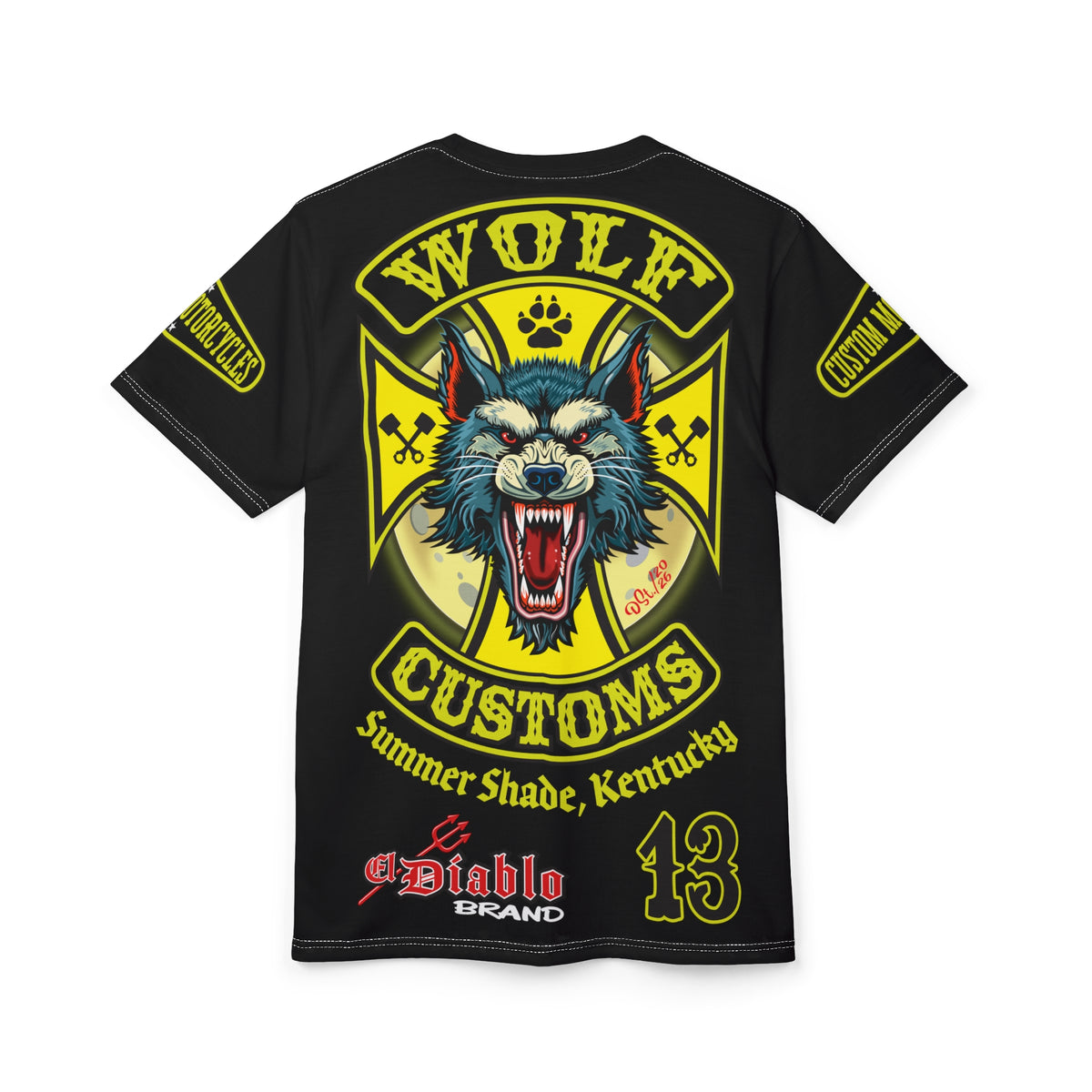 MWT Wolf Customs 13 Black with HiViZ Lumina Graphics -- Super Tee — Retro Motorcycle Club Shirt, The Best Biker Riding Tee EVER !!!