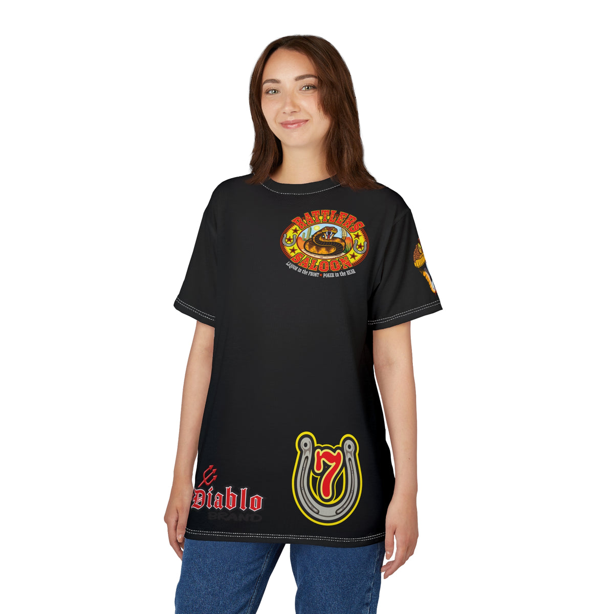 SRT Rattlers Saloon  BADAZZ BLACK SUPER RIDING TEE — Vintage Biker Lucky 7 Graphic Shirt