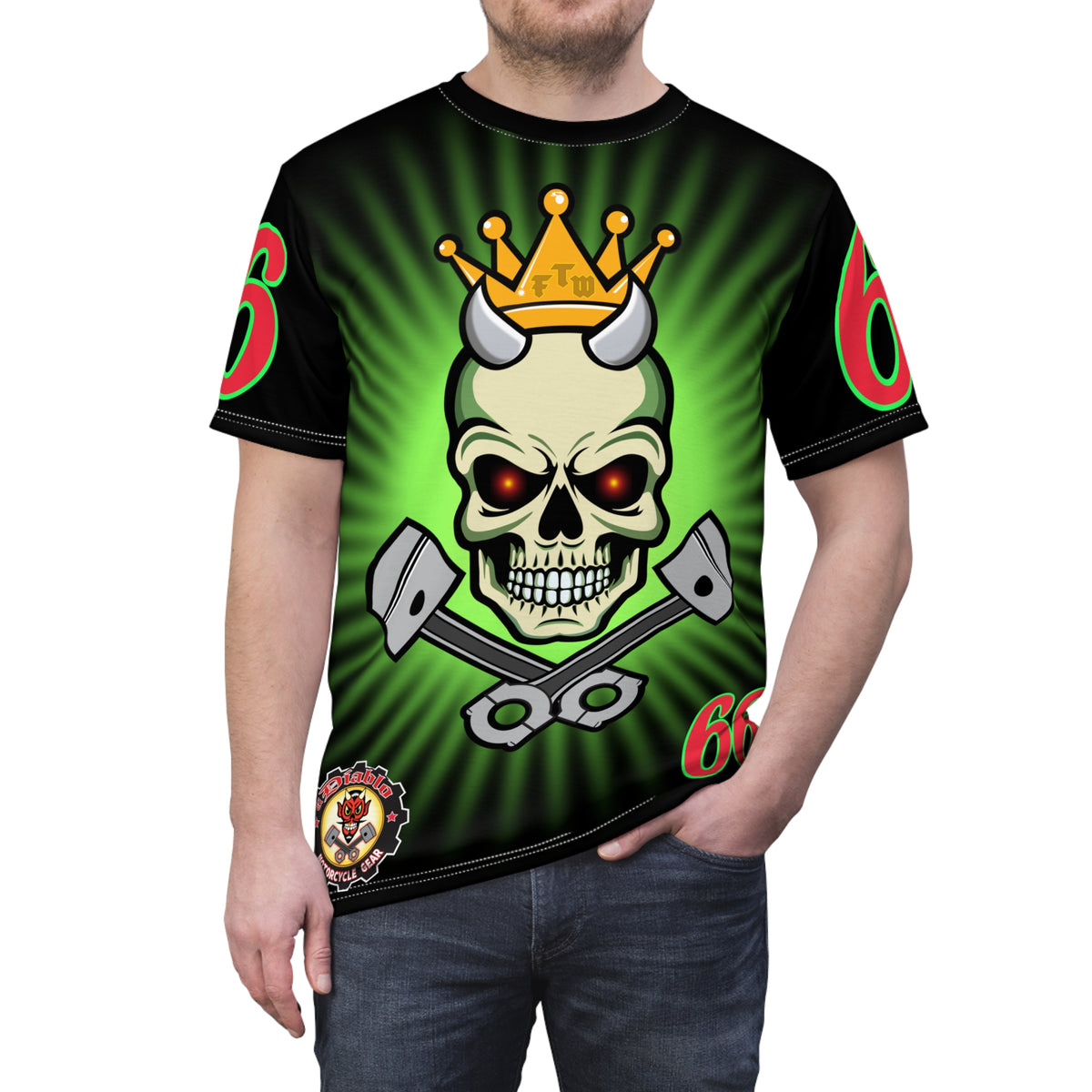 Speed Demon Night Rider with Lumina Green HiViZ Star Burst F& Back - Super Tee - Edgy Racing Skull Design