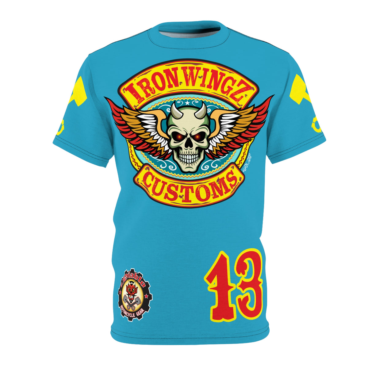 Iron WingZ Customs Electric Blue HIviz Graphic Super Tee, Edgy Streetwear, Customized Apparel, Gift for Bikers