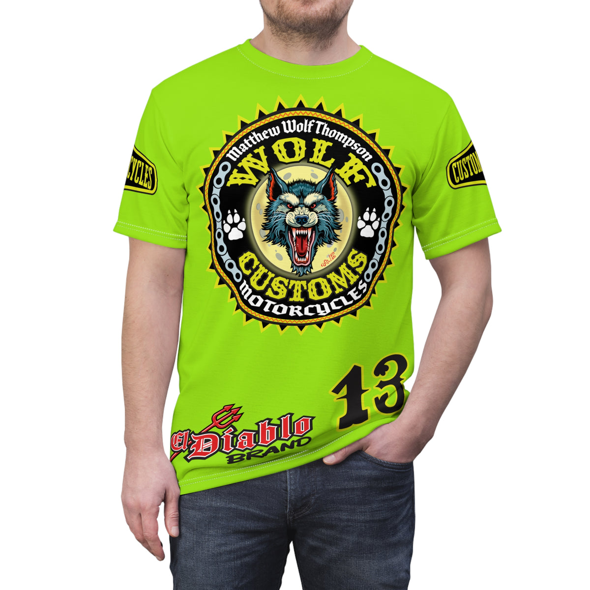 VERY SPECIAL MWT Wolf Customs HiViZ Lumina Green with XL Graphics Super Tee —  The Best Biker Riding Tee EVER !!!