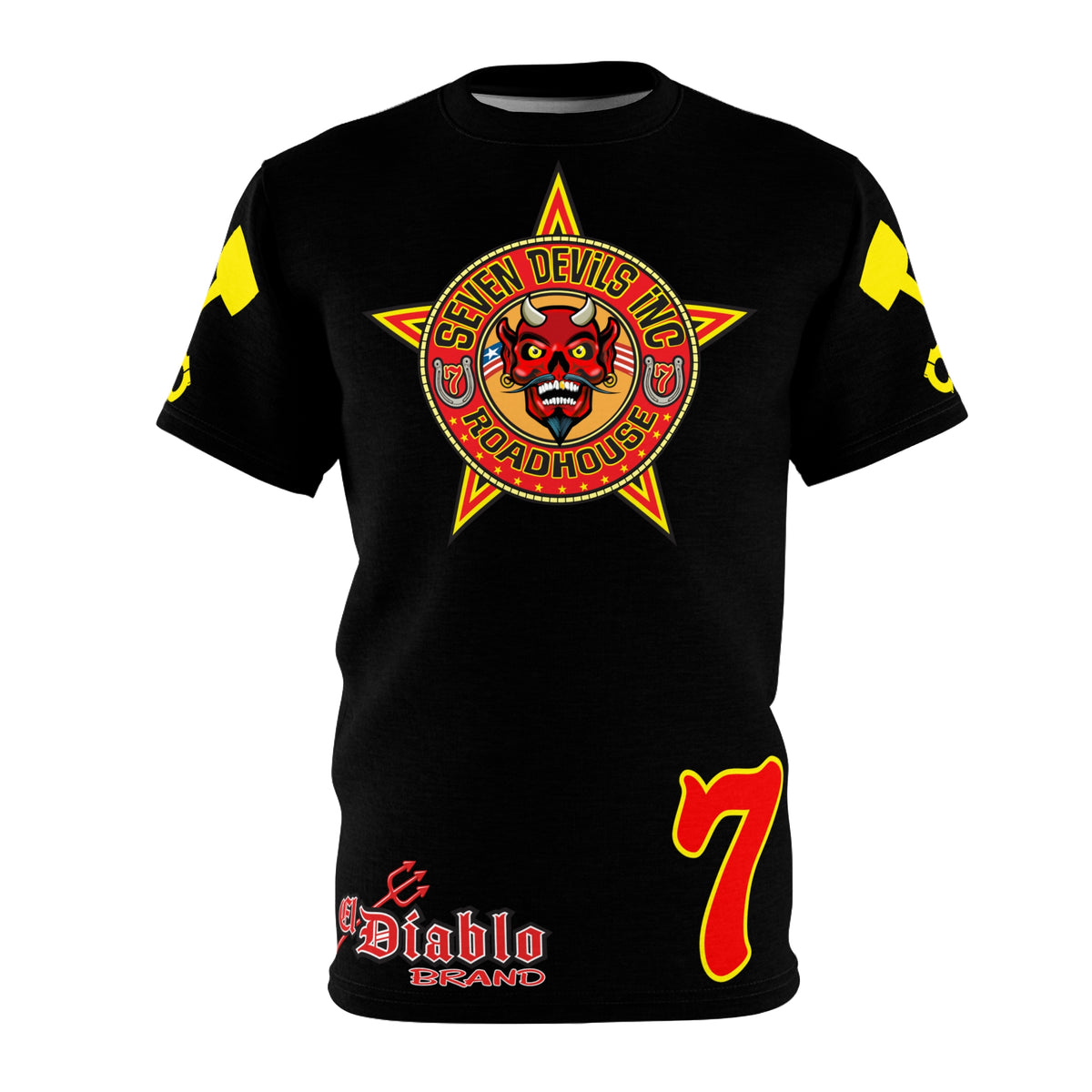 SRT Seven Devils RoadHouse Custom Biker Riding Super Tee - Retro Devil Western Style Graphic Style