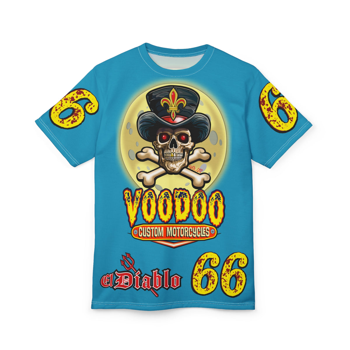Voodoo Custom Motorcycles Electric Blue Unisex HiViz Tee, Edgy Graphic Shirt, Motorcycle Apparel, Skull T-Shirt, Perfect for Bikers