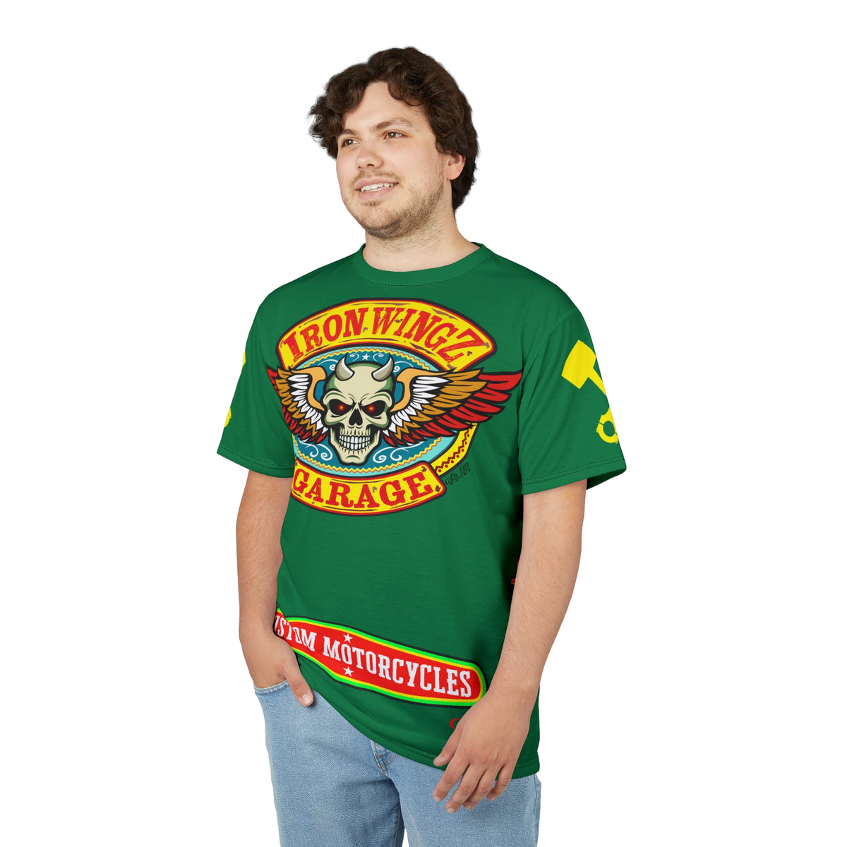 Iron Wingz Garage HiViz Tee, Vuntage Graphic Logo, Rockabilly Style Shirt for Bikers