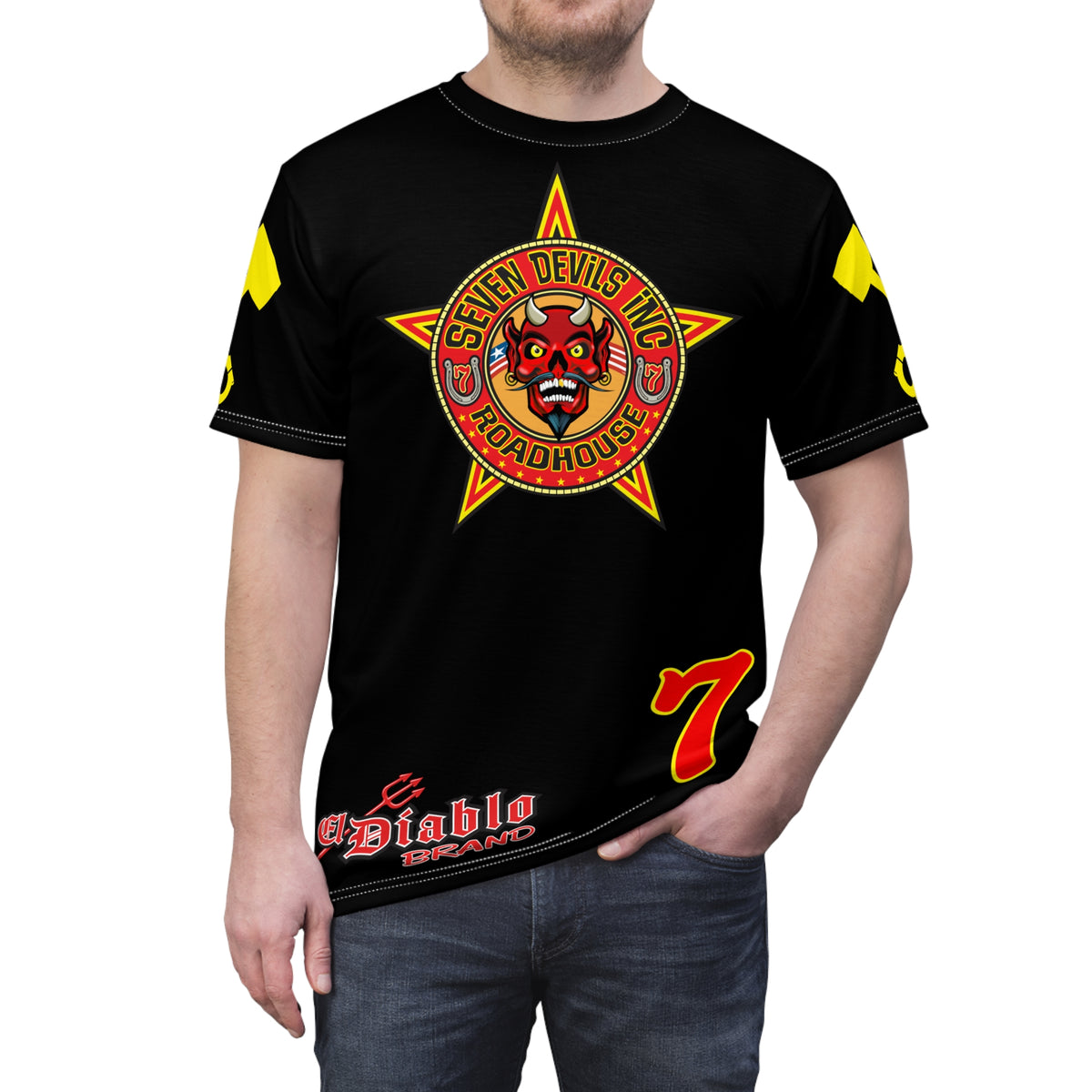 SRT Seven Devils RoadHouse Custom Biker Riding Super Tee - Retro Devil Western Style Graphic Style