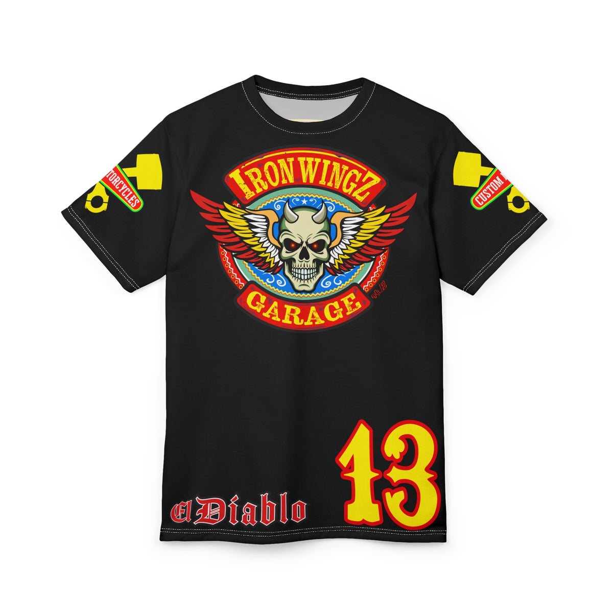 Iron Wingz Garage HiViz Tee, Vintage Graphic Logo, Rockabilly Style Shirt for Bikers
