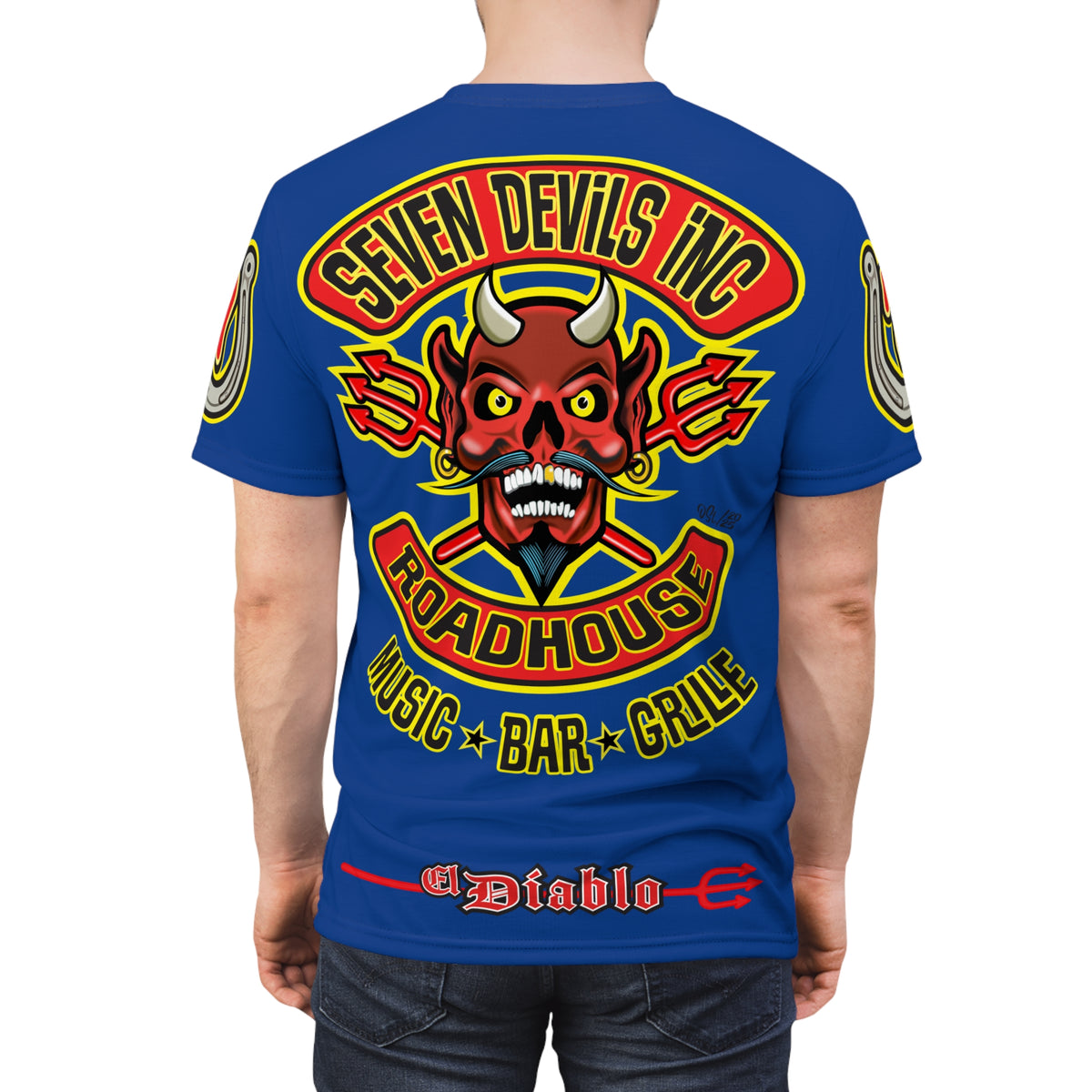 Seven Devils Inc. Roadhouse Electric Blue HiViz Design Super Tee, Edgy Biker Shirt, Special Motorcycle Riding Gear, Seven Devils Inc.